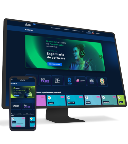 Um monitor e um celular com a alura+ aberto